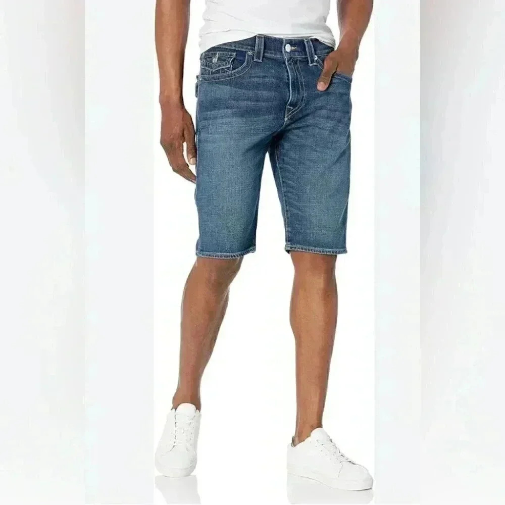 True religion “geno” relaxed slim fit peach denim jean shorts 30